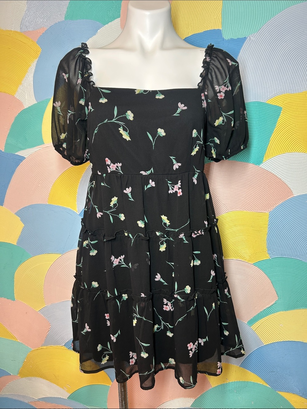 Trixxi Black Mini Dress with Mint & Lilac Floral Print sz M